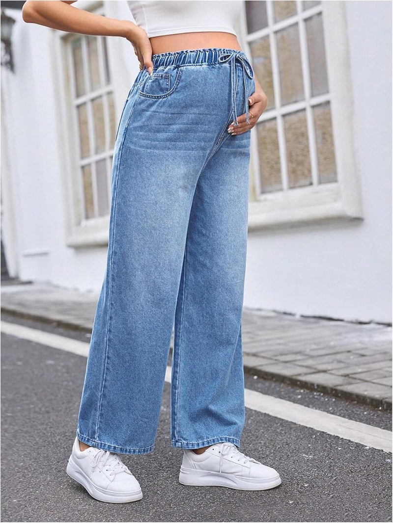 MakeMeChic Women's Maternity Denim Pants Elastic Waist Drawstring Wide Leg Baggy Pregnancy Jeans with Pockets - Image 3